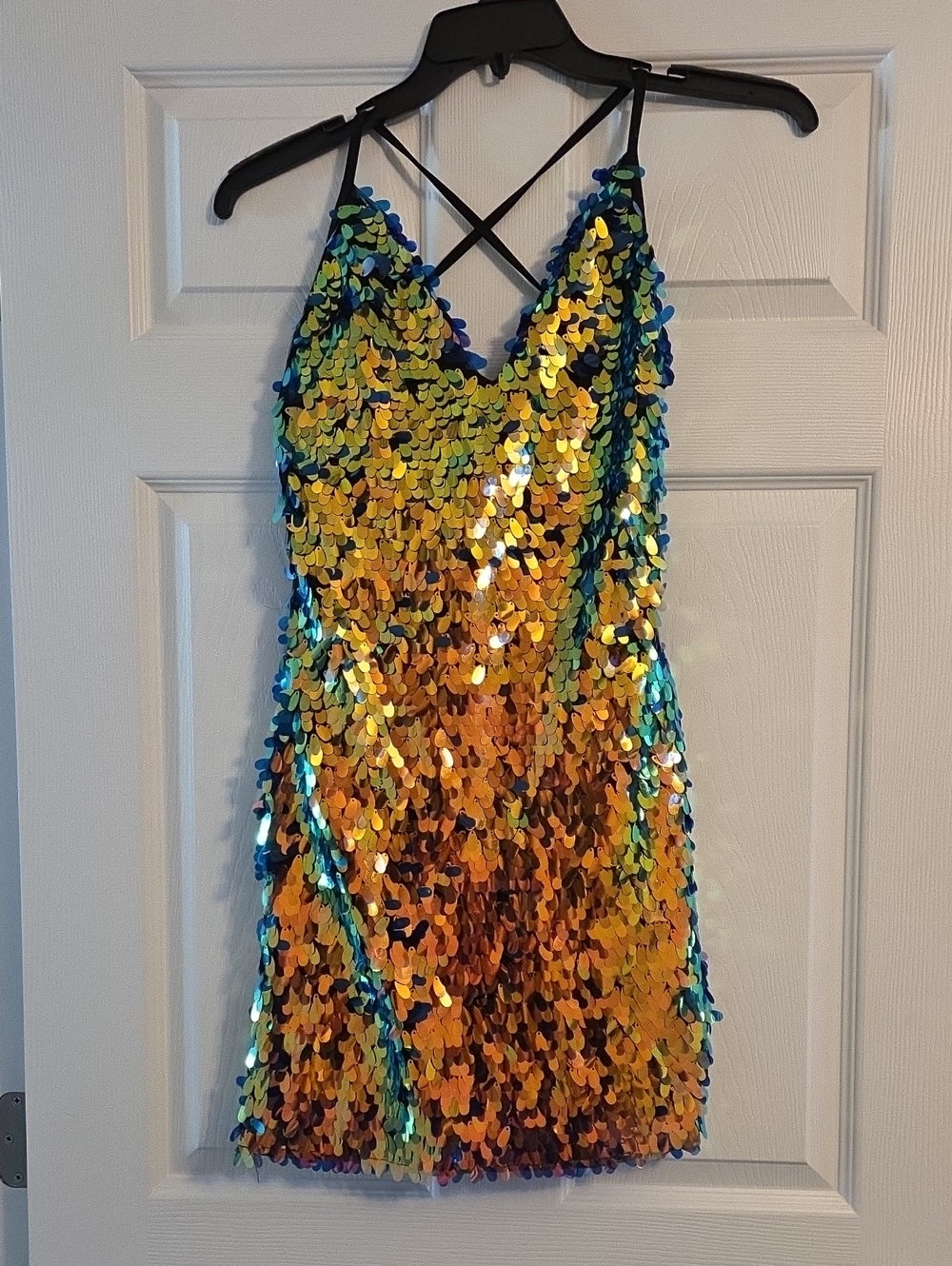 Roma Gold and Blue Sequin Crisscross Strap Mini Dress